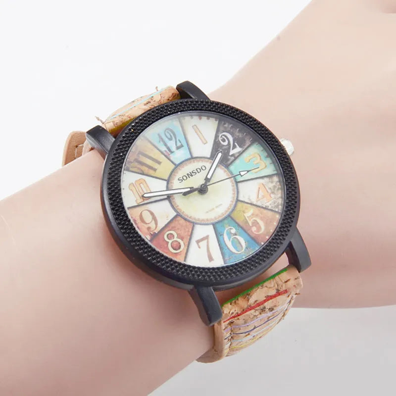 Women's vintage casual quartz watch with brown leather strap and 37mm round dial