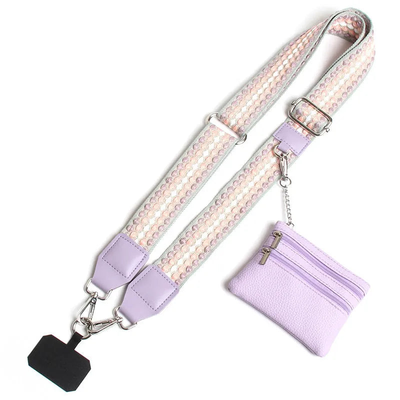 Polyester mobile phone lanyard with silk screen print in apricot colour showing long shoulder strap design