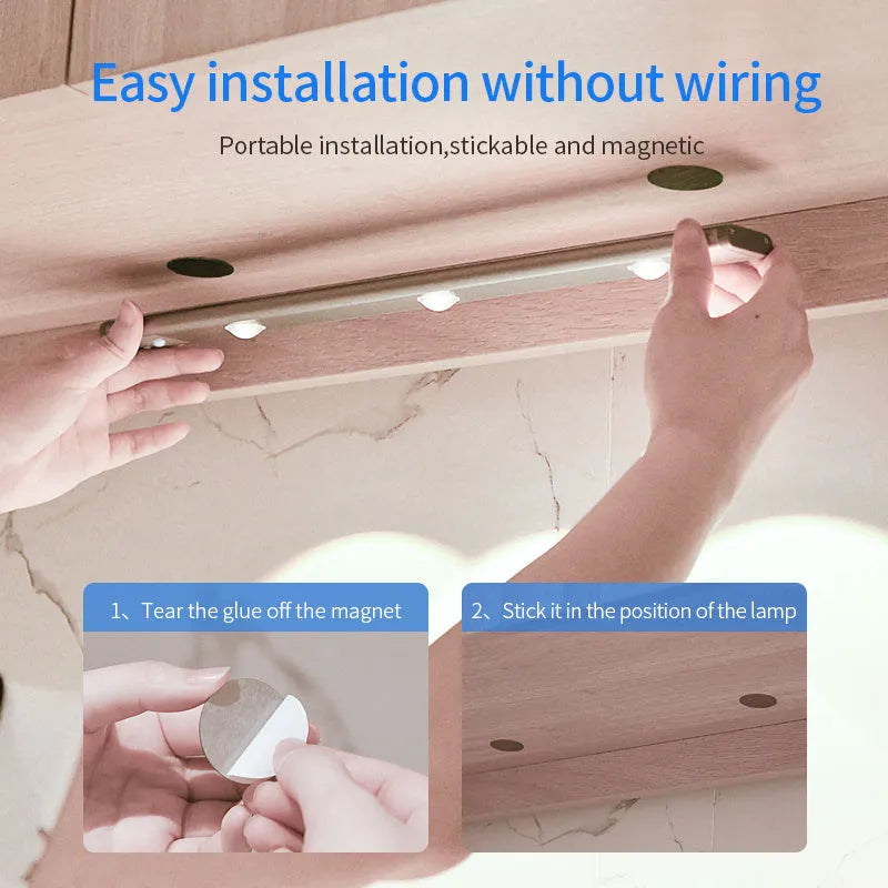 Rechargeable motion sensor lamp with aluminium body and magnetic mount for under-cabinet use, three colour temperature LED