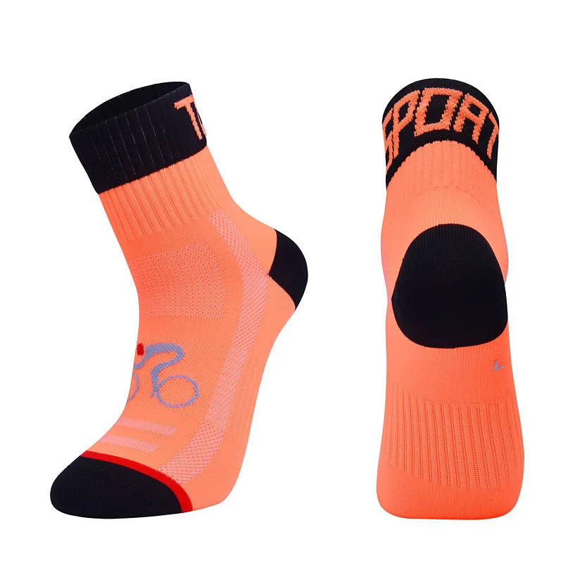 Set of professional outdoor nylon cycling and running socks in black, blue, green, orange and white colours, available in sizes M to XL