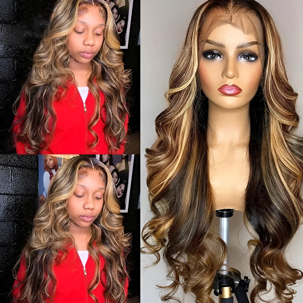 Front lace wig with gradient colour long curly synthetic hair and side bangs