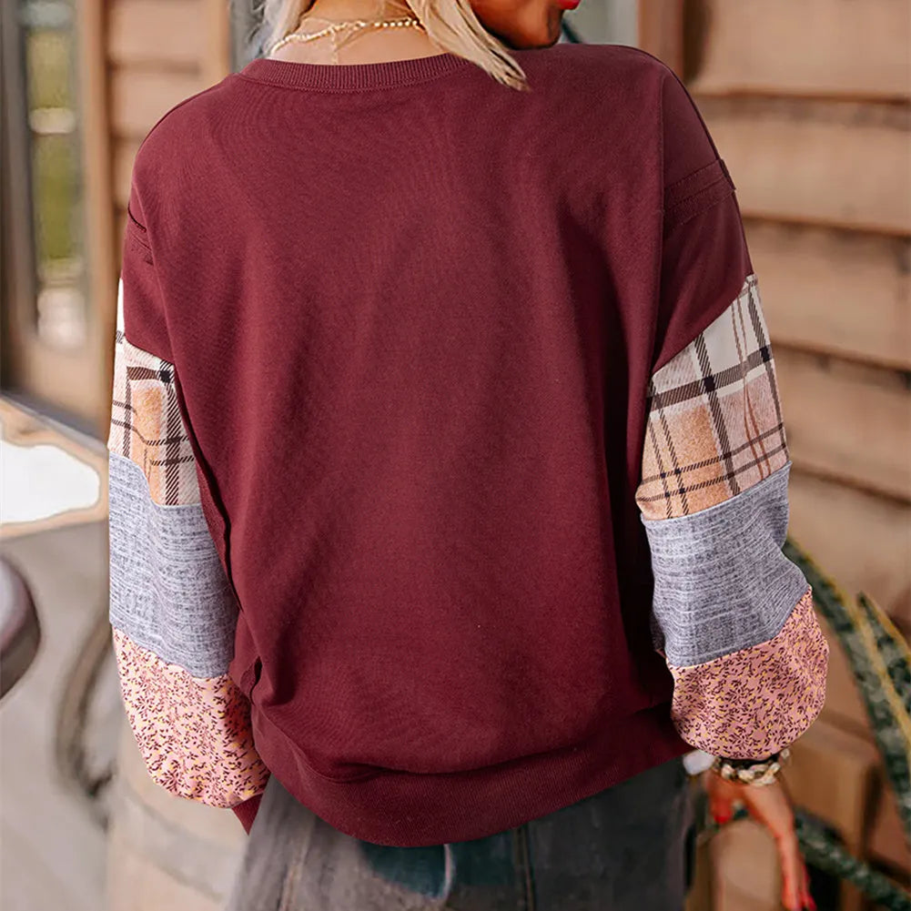 Women's apricot and red plaid stitch long sleeve loose fit casual pullover top