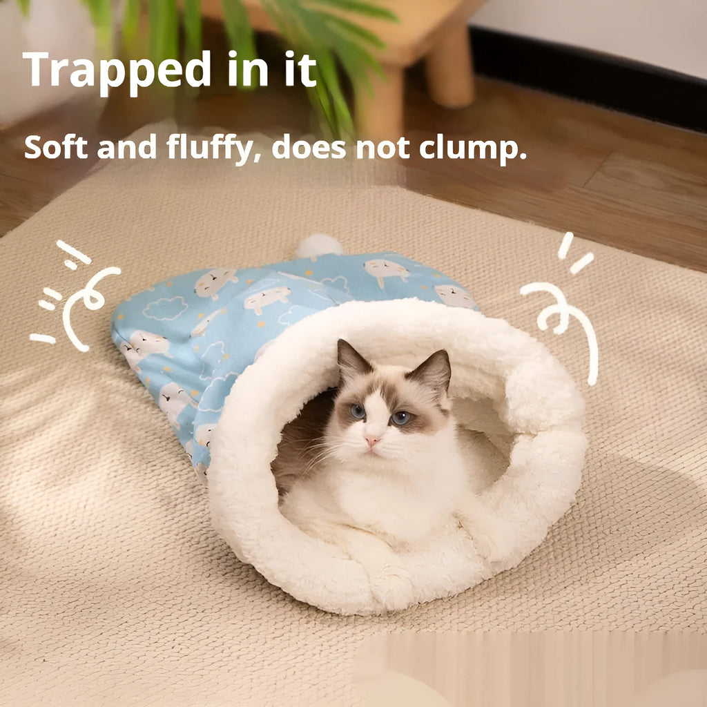 Cat sleeping bag nest pet bed measuring 50cm by 40cm in blue rabbit design