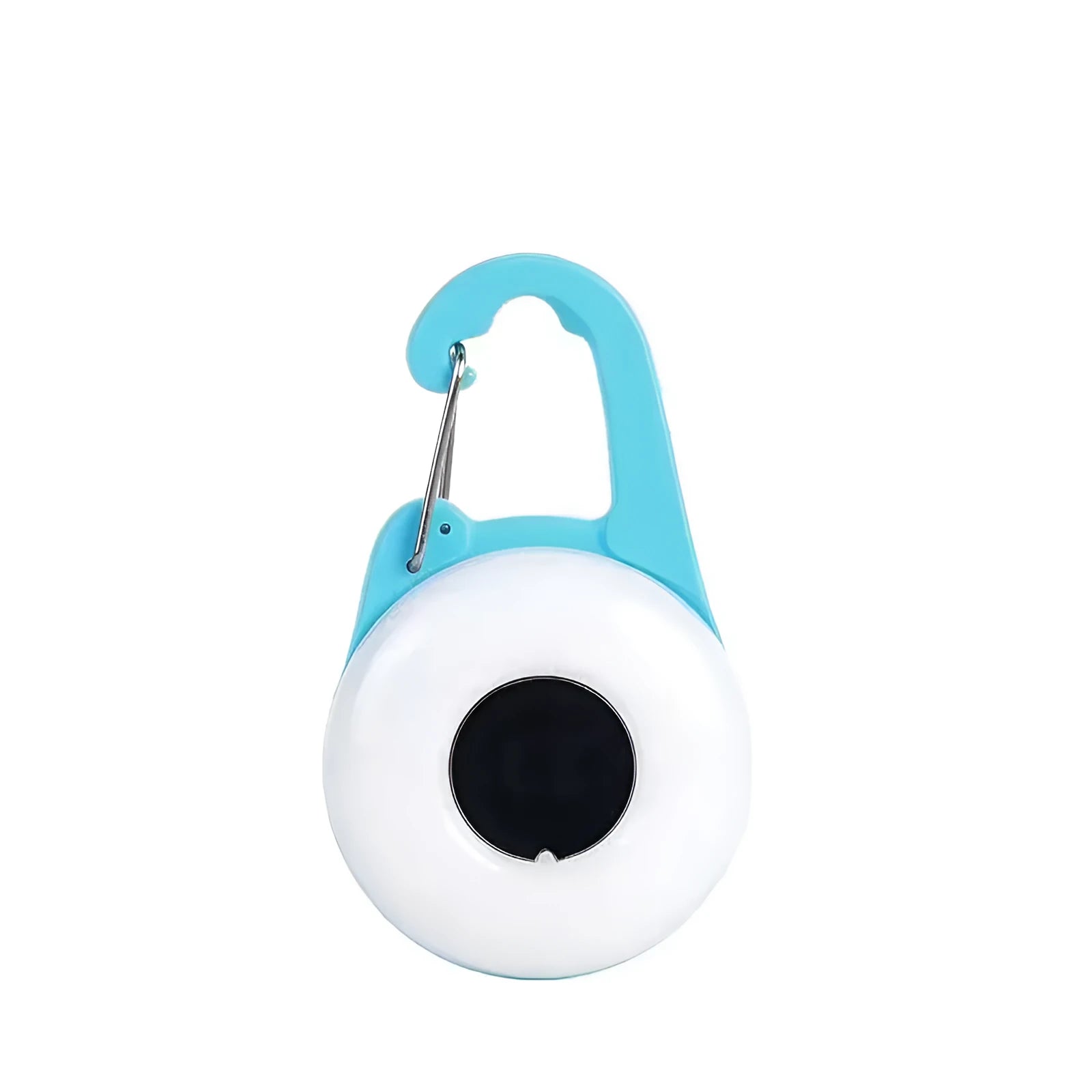 Blue rechargeable LED dog collar light with adjustable silicone strap shown on a black dog collar.