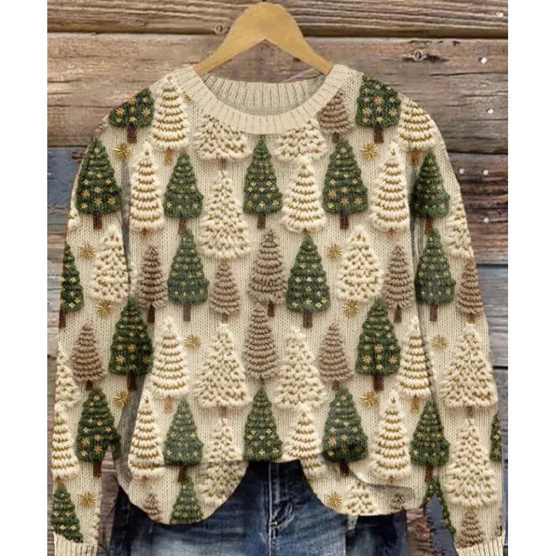 Little flower digital print on a round neck polyester sweater, shown on a hanger.
