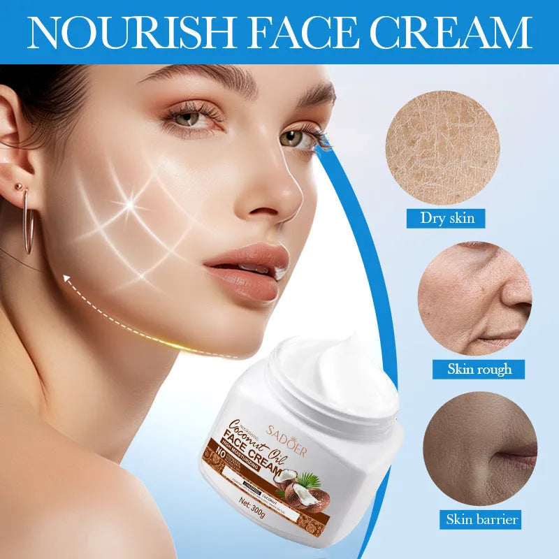 Full English Coconut Oil Nourishing Moisturizing Facial Cream in a 300g white pot with a beige lid