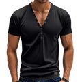 Men's loose V-neck pullover top with button design in light blue colour
