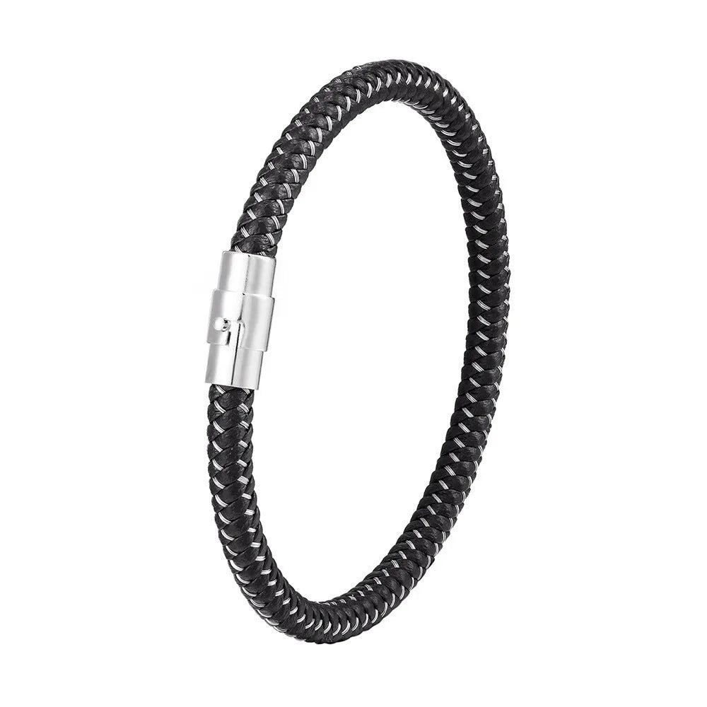 Men's titanium steel geometric wire bracelet with a magnetic clasp, shown in a silver finish.
