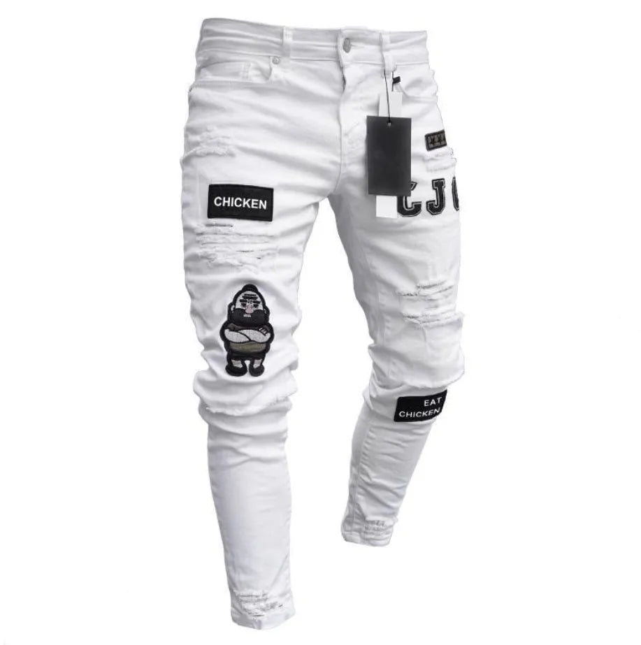 Cotton knee hole zipper trousers in black, blue, and white, mid-waist fit