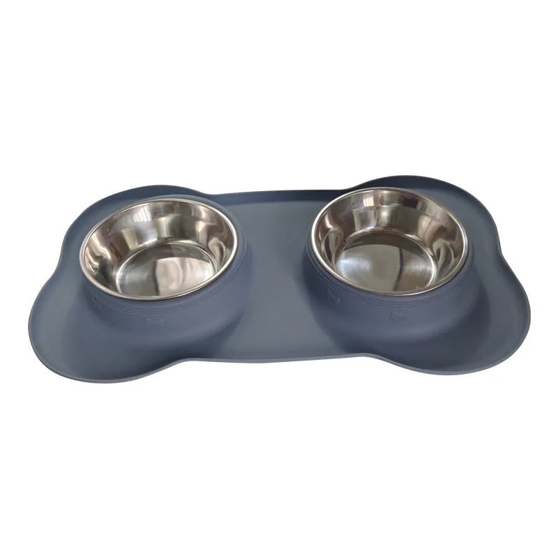 Large silicone dog bowl with stainless steel insert in double bowl configuration for pet feeding