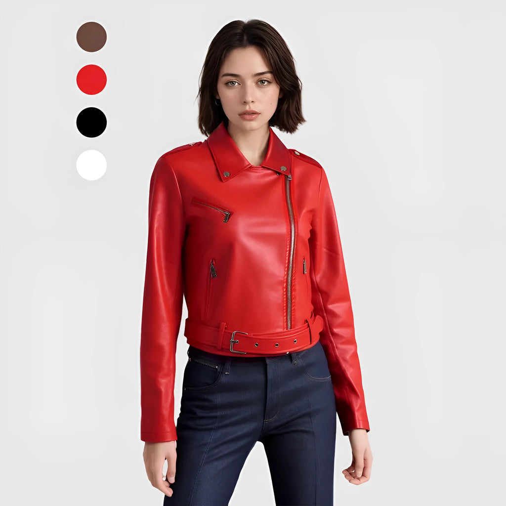 Red women's PU leather motorcycle jacket featuring a short belt on the lapel.
