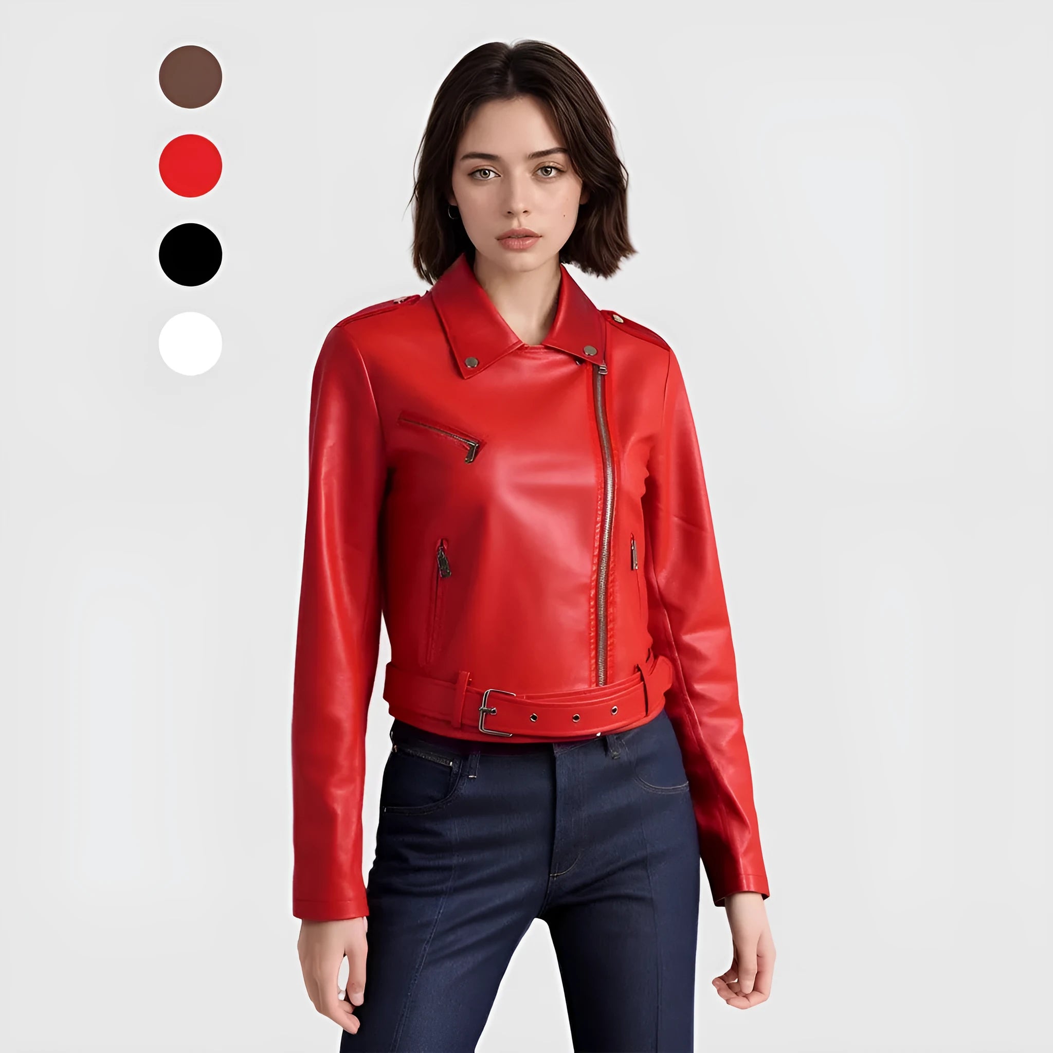 Red women's PU leather motorcycle jacket featuring a short belt on the lapel.