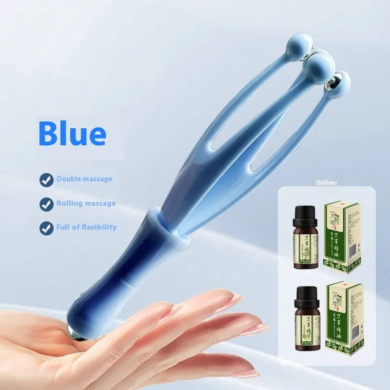 Blue and white finger massager roller with chrome steel balls for hand therapy