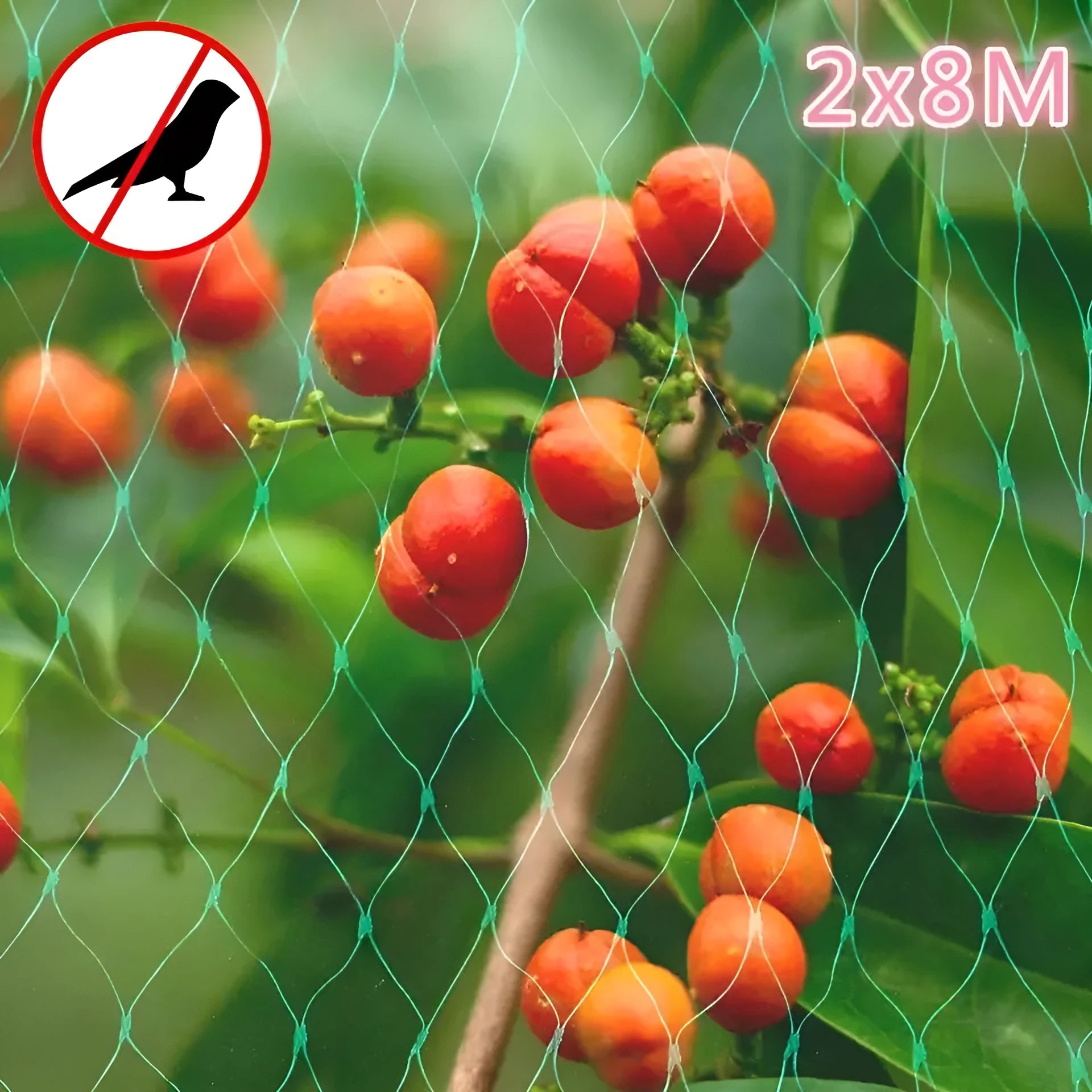 Green polypropylene garden bird net draped over a fruit tree for anti-bird protection