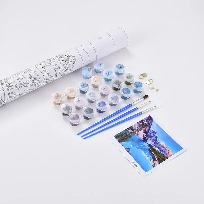 Frameless DIY digital oil painting kit showing 40x50cm sea view villa canvas, acrylic paints, and brushes.