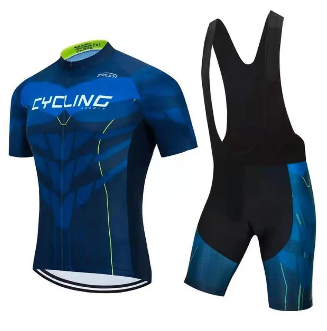 Cycling jersey set comprising a moisture-wicking top and pants for summer biking.