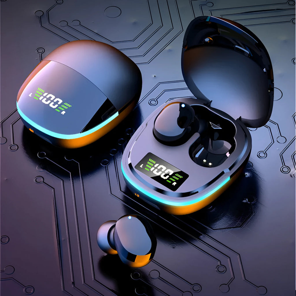 Black true wireless Bluetooth in-ear headphones with a charging case on a white background