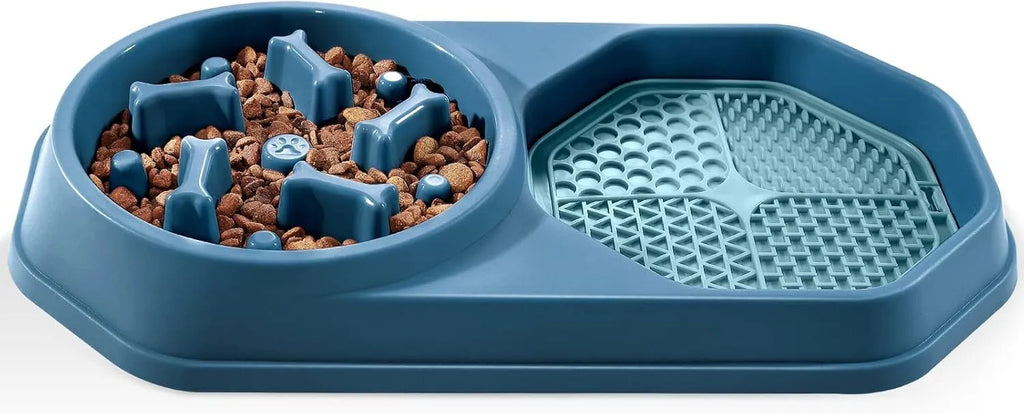 Blue interactive slow feeder dog bowl with maze pattern for anti-gulping, shown with four non-slip pads.