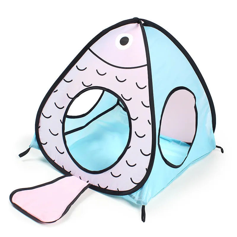 Foldable blue and white cat tent with attached fish tunnel for small pet play
