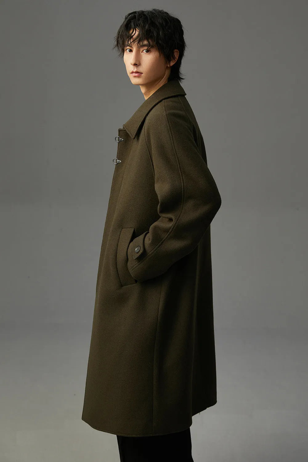 Men's double-sided polyester woolen coat in mid-length lapel style, available in black, olive green, and dark coffee, sizes M to 3XL