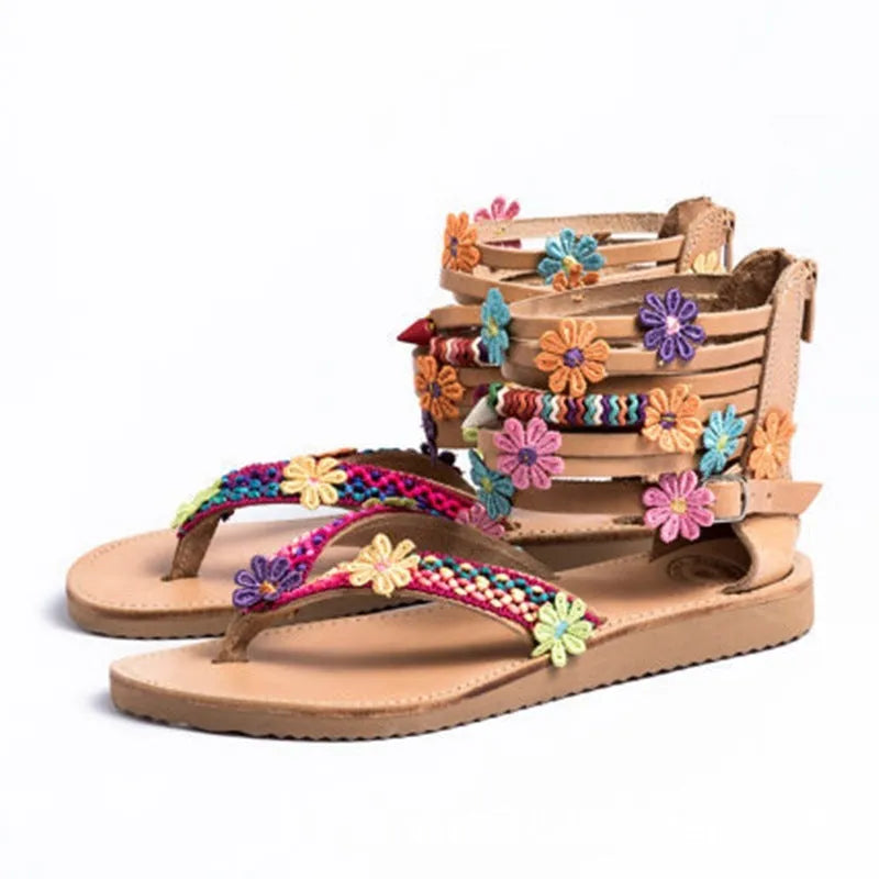 Ethnic style beaded petal sandals with Roman shoe design and round toe in suit colour