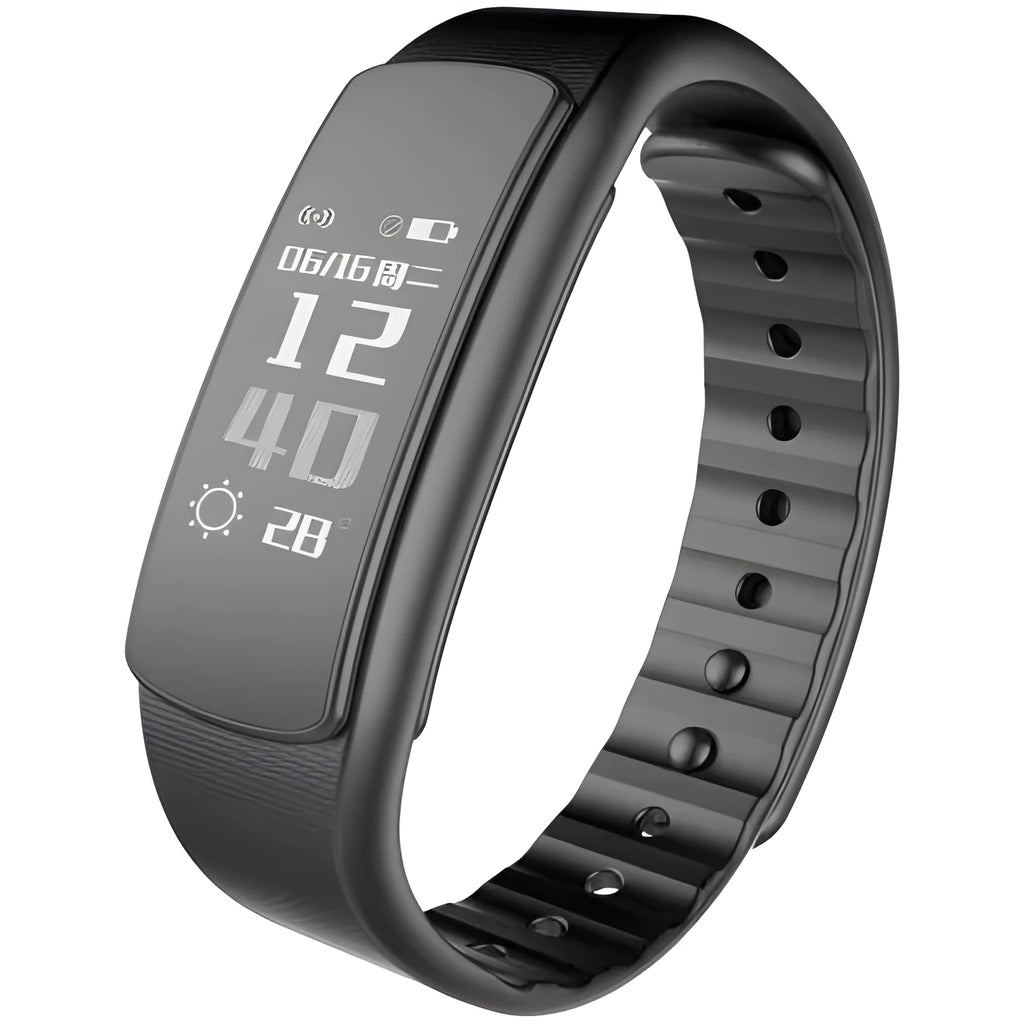I6 smart sports bracelet with 0.96 inch touch screen in black or green colour showing fitness tracking display