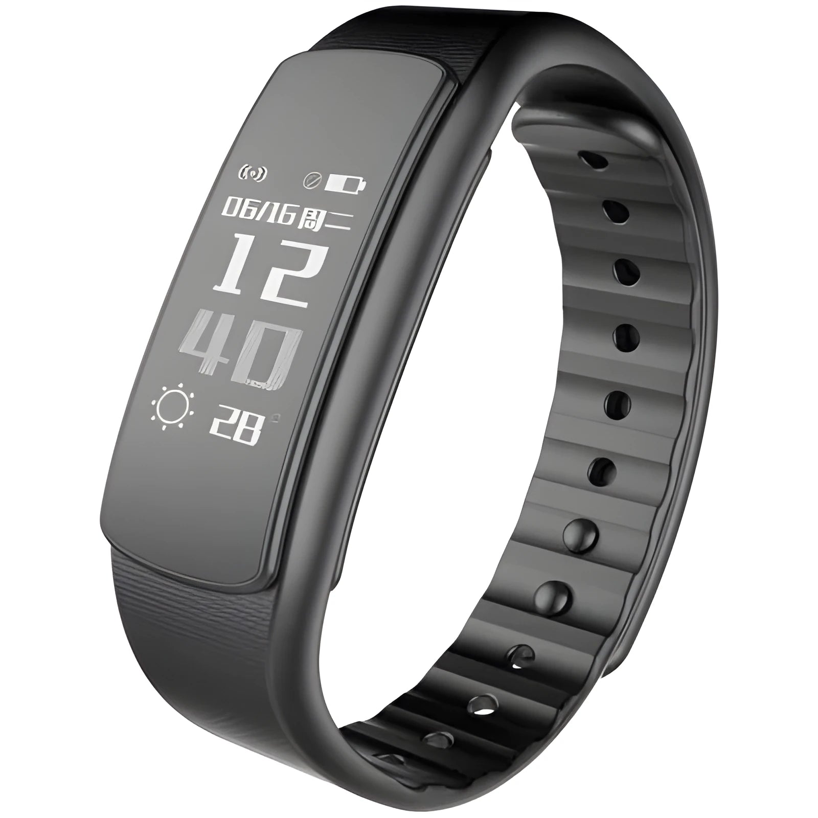 I6 smart sports bracelet with 0.96 inch touch screen in black or green colour showing fitness tracking display