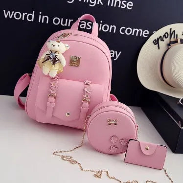 Three-piece women's bag set with floral backpack, shoulder bag and card holder