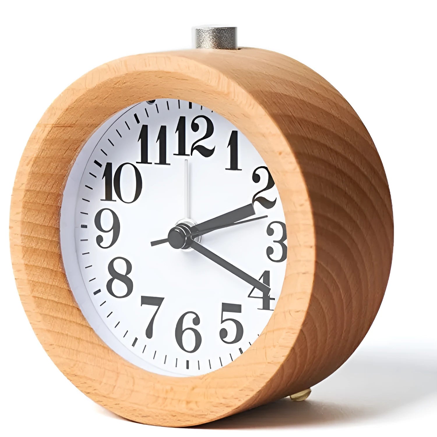 Solid beech wood silent snooze alarm clock with a 4-inch white dial on a wooden base.