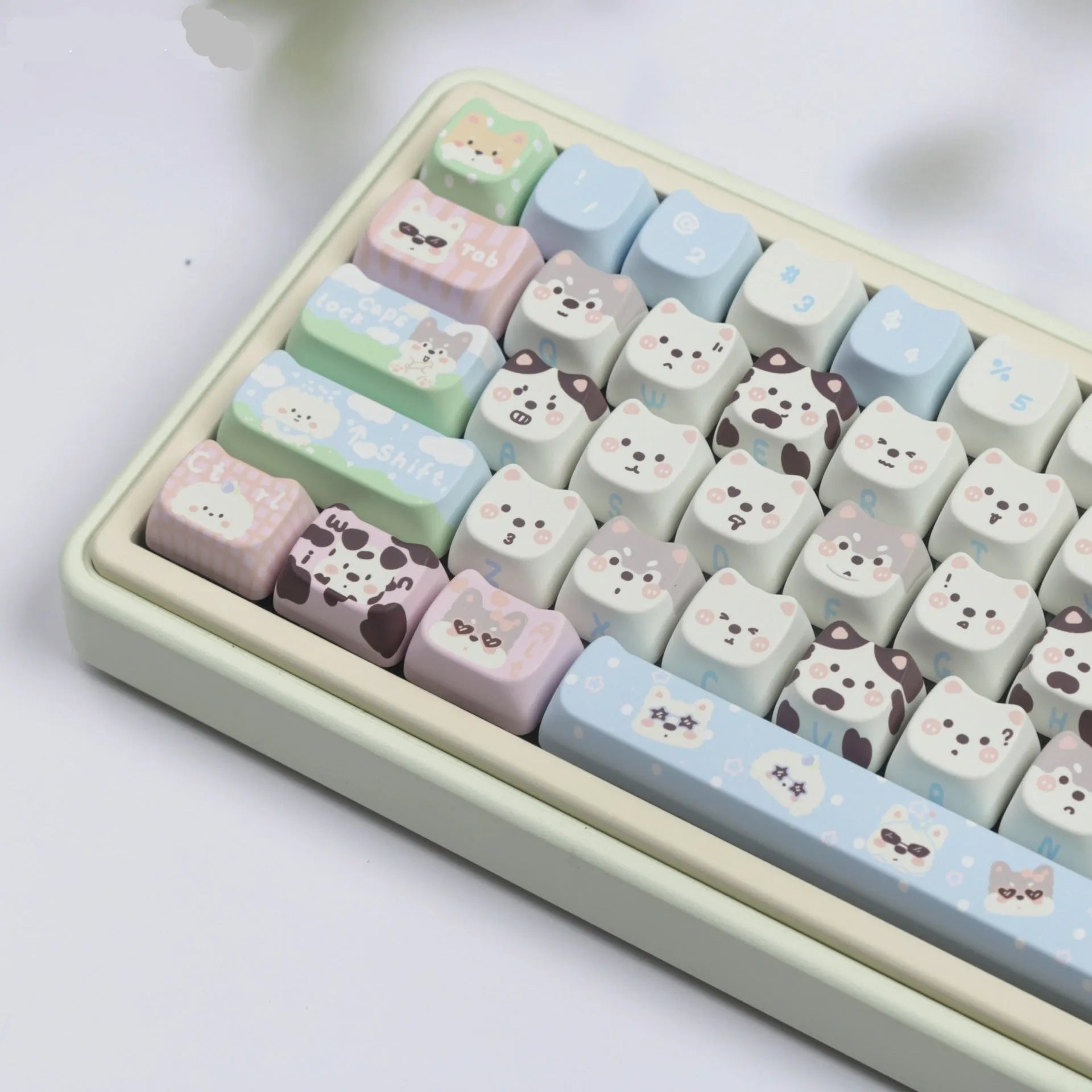 Puppy themed PBT key cap set for mechanical keyboards with full coverage design