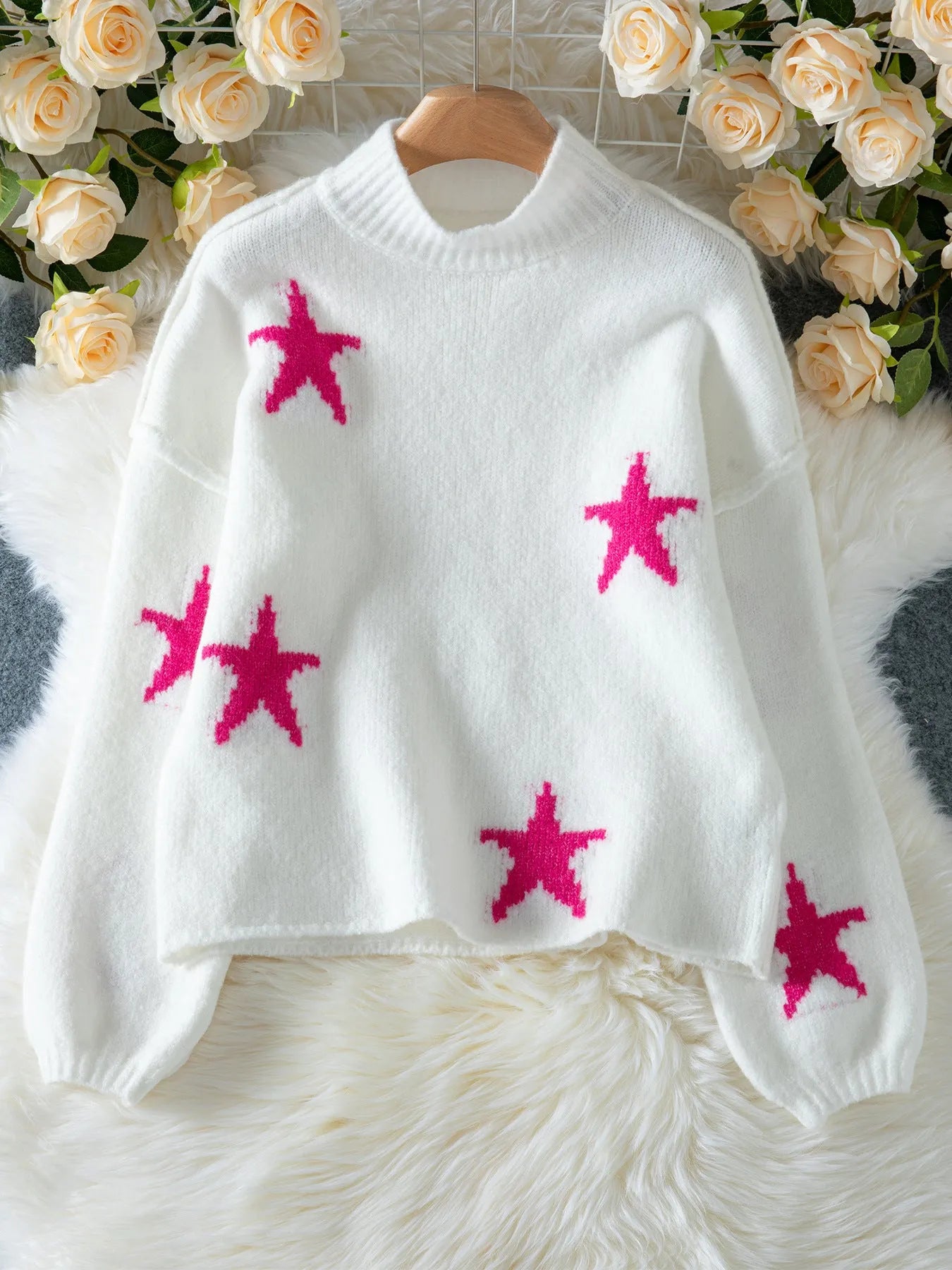 White women's imitation velvet pullover jumper with star pattern and turtleneck design