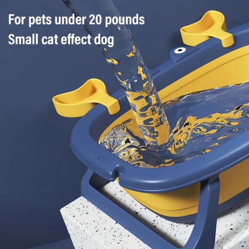 Blue foldable PVC pet tub for small cats and dogs showing portable design