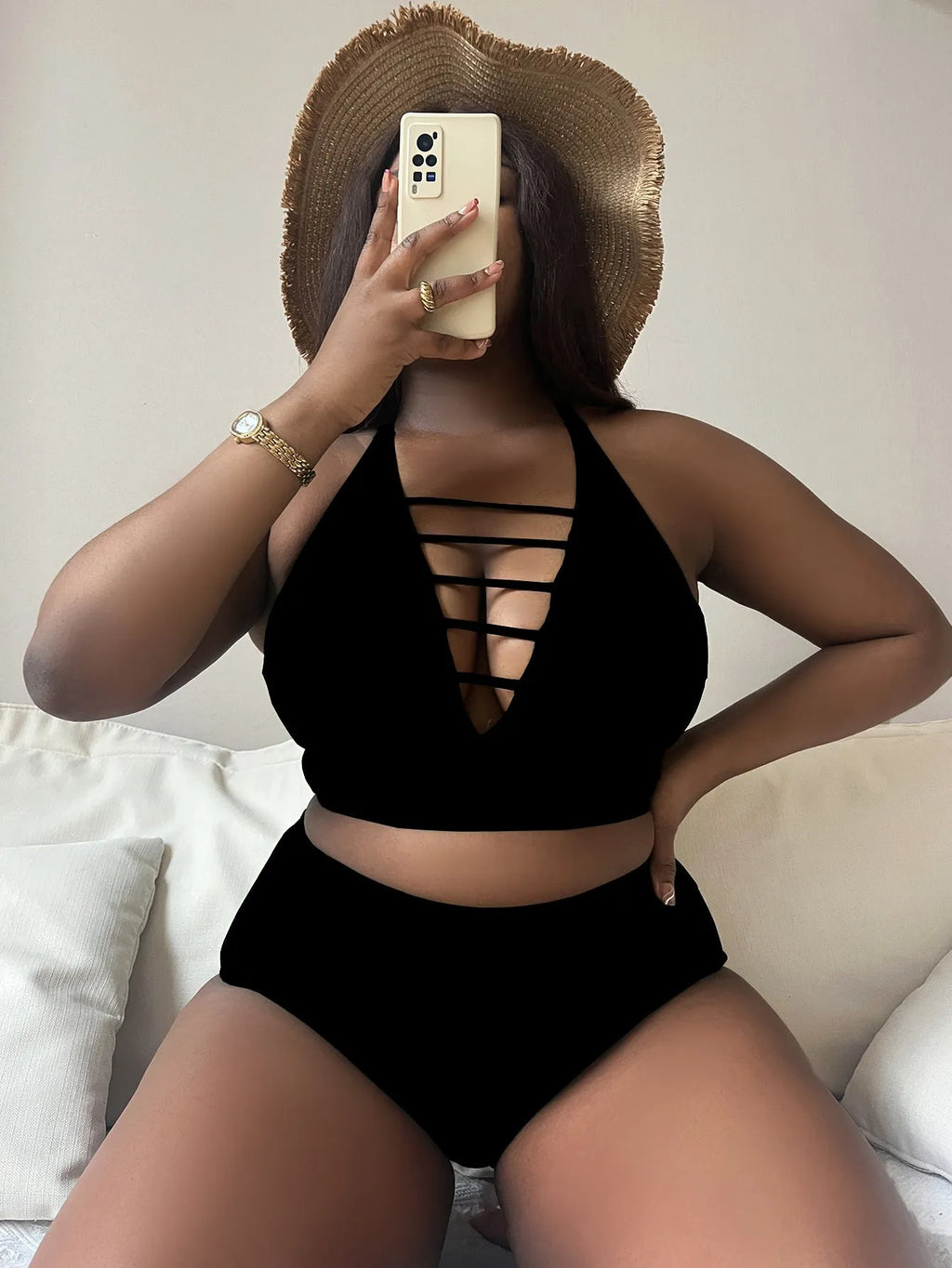 Plus size halter bikini with cross shoulder straps in black, green, or wine red