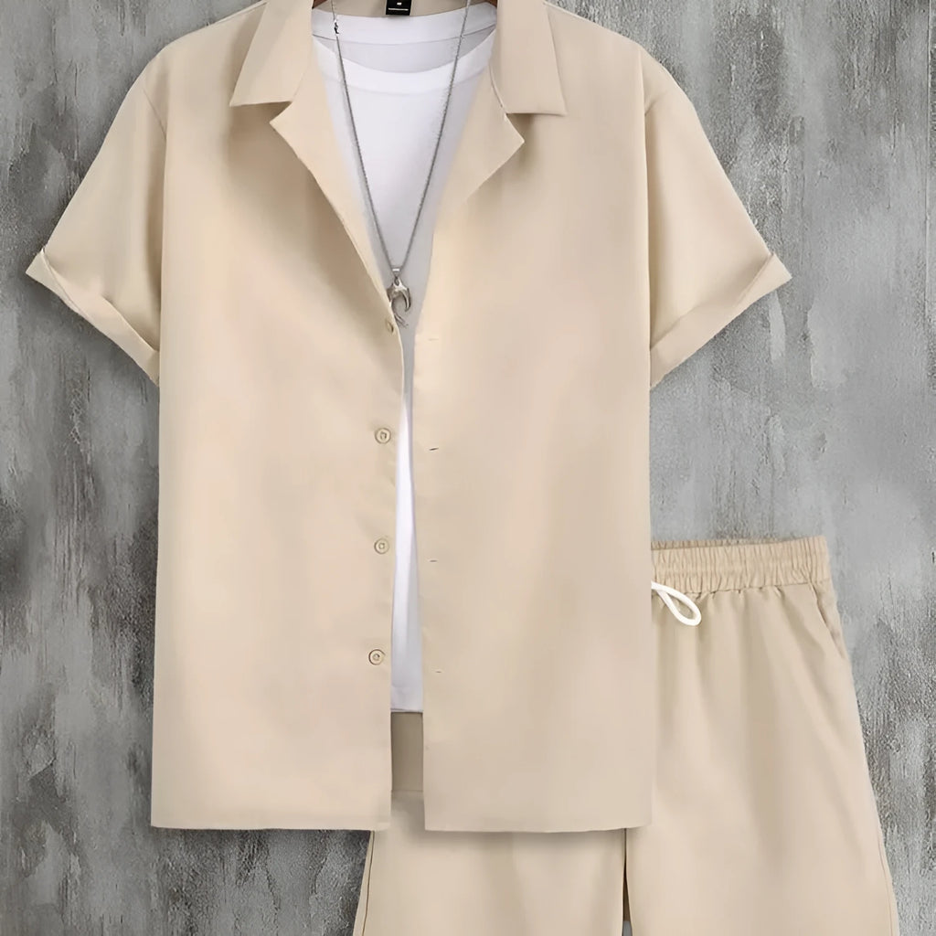 Men's Cuban collar sport suit with short sleeve top and matching shorts in lightweight polyester fabric