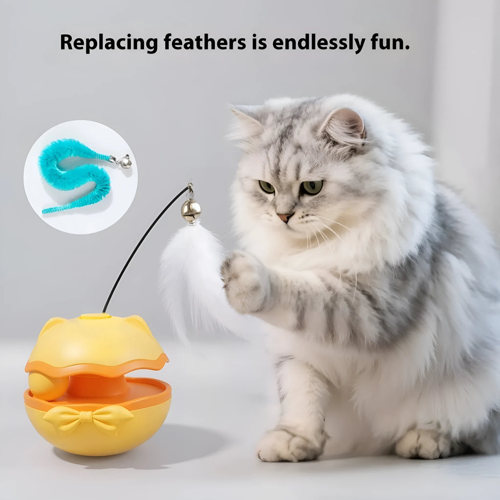 Electric cat tumbler teaser toy in lemon yellow colour on a hardwood floor.