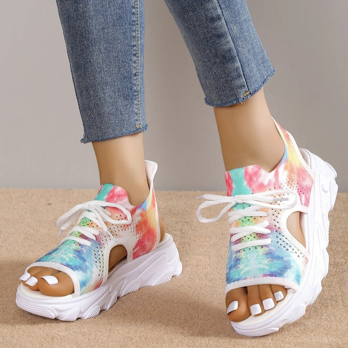 Print lace-up sports sandals with mesh upper, peep toe, hollow back, and rubber sole in summer casual style