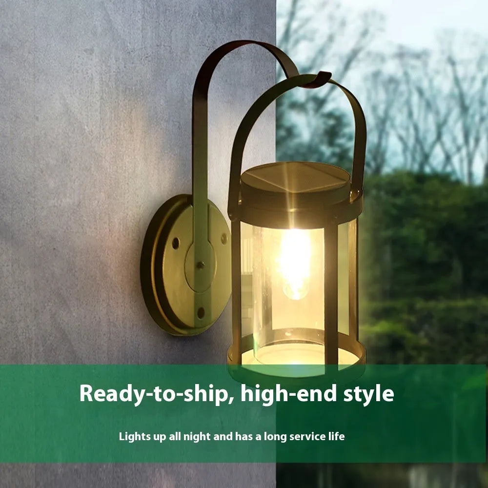 Solar portable outdoor courtyard decorative lamp with aluminium shell, warm white light, and IP44 rating on a garden wall