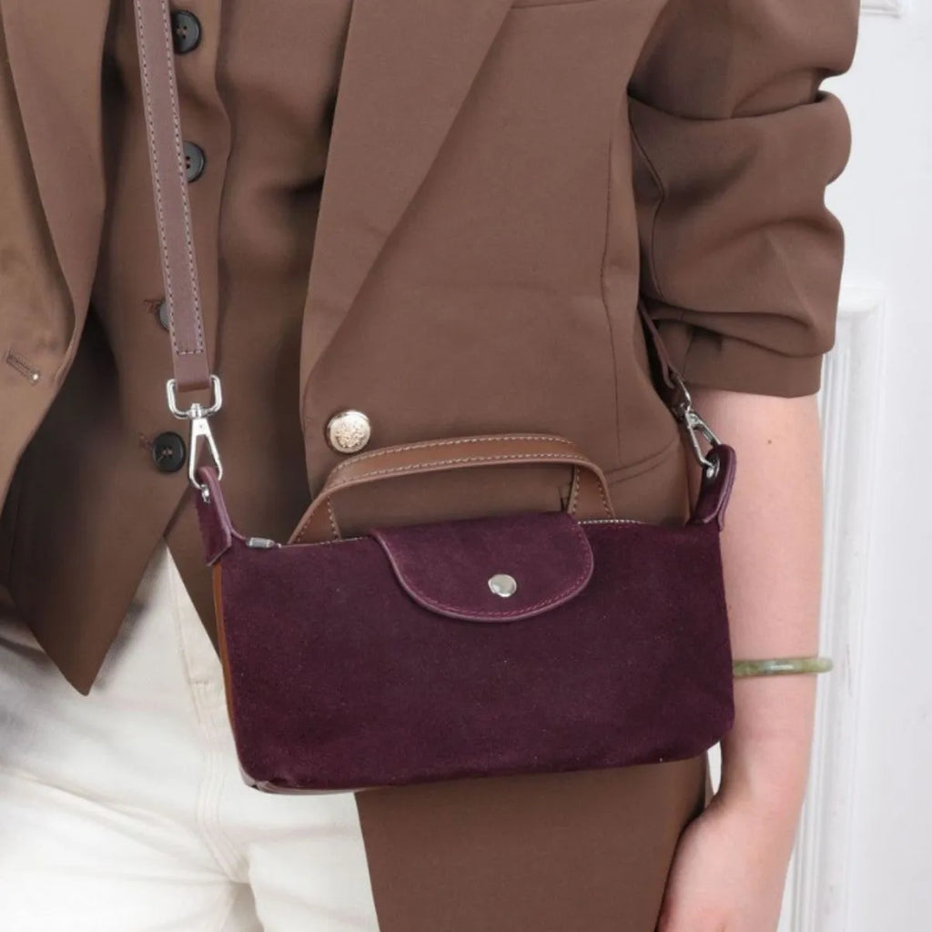 Women's genuine leather spliced dumpling crossbody bag with suede finish in six colour options