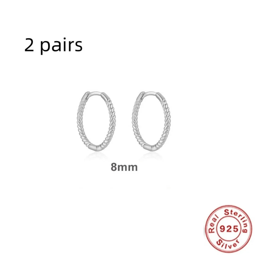 S925 Sterling Silver twisted string round ring earrings in gold or white gold plating, showing geometric design.