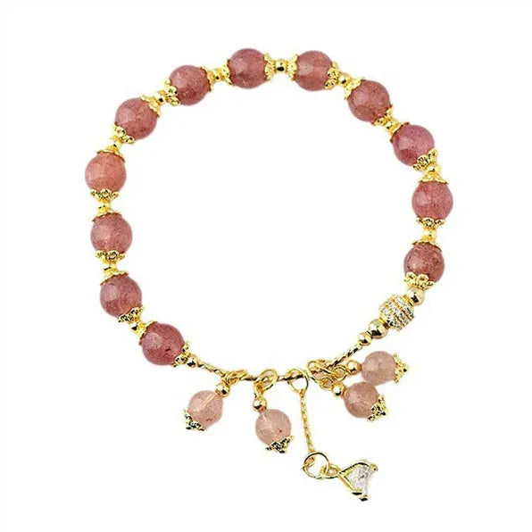Pink adjustable women's bracelet with heart-shaped strawberry quartz crystal and freshwater pearl accents