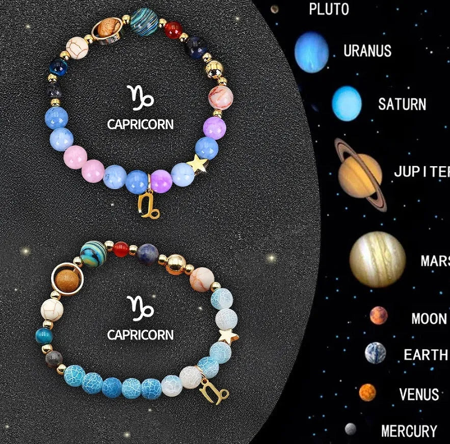 Set of twelve natural stone beaded bracelets, each with a different zodiac sign charm.