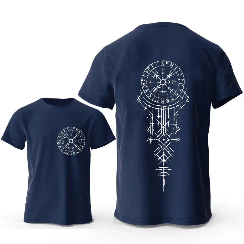 A man's grey cotton T-shirt with a printed Viking Rune Compass design on the chest.