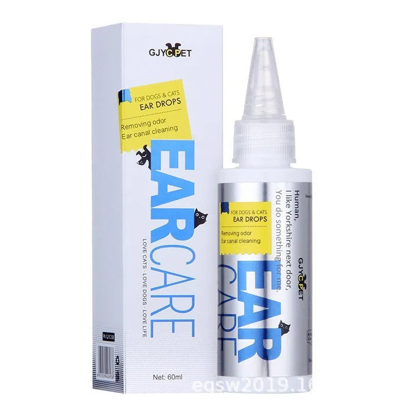 Pet dog and cat hygiene cleaning kit with bottles of foot foam, ear cleaner, deodorant spray, and packs of ear and eye wipes.