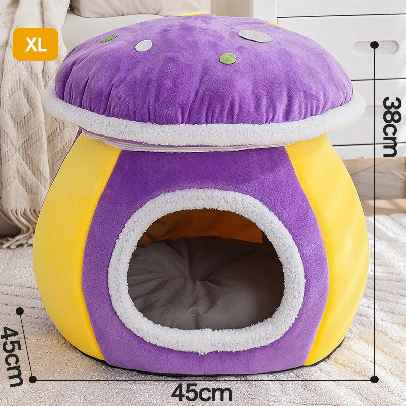 Grey mushroom-shaped plush cat bed nest for small pets on a white background.