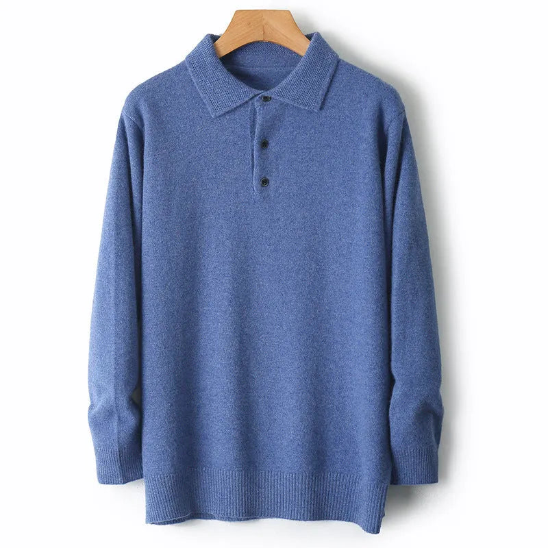 Men's grey wool sweater pullover with a polo collar and long sleeves laid flat.