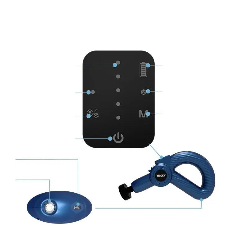 Black smart muscle massage gun with five attached heads for hot, ice, and percussion therapy
