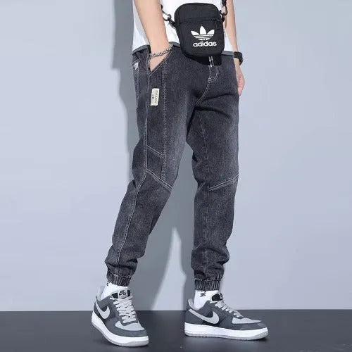 Men's slim fit high-waist ankle-tied harem jeans in denim cotton, available in black, blue, gray
