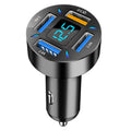 Black four-port USB car charger with LED digital display showing charging status