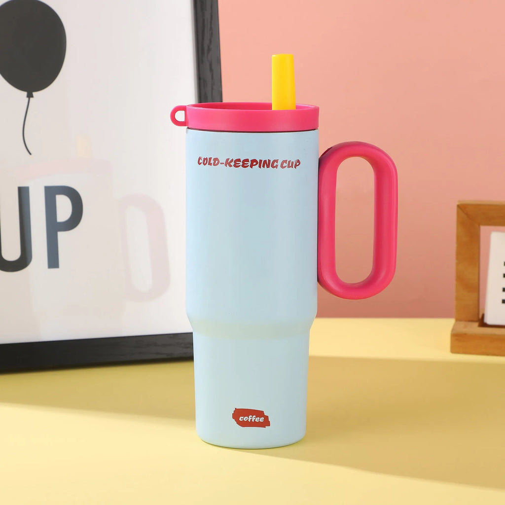 Insulated portable straw cup with handle and lid in choice of five colours