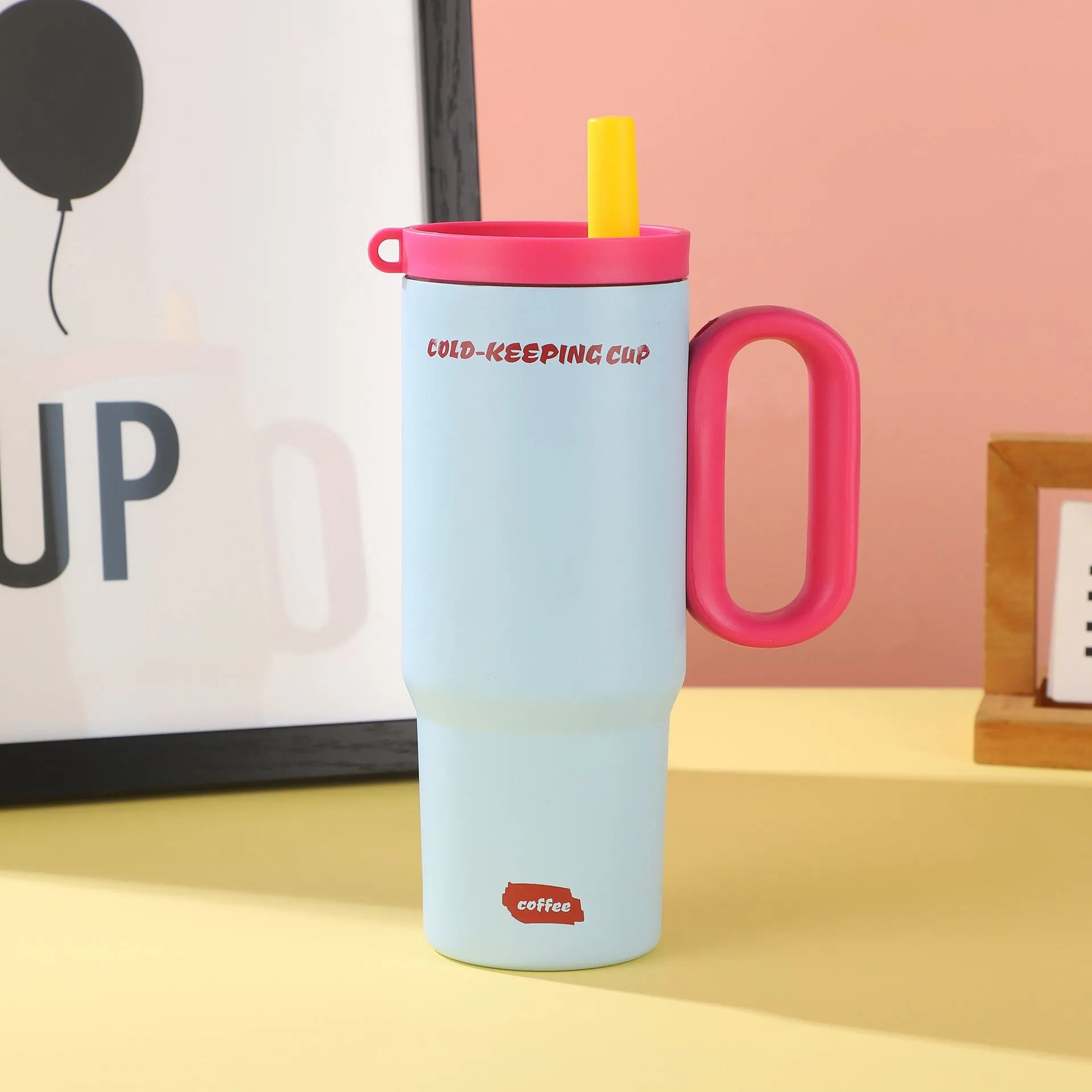 Insulated portable straw cup with handle and lid in choice of five colours